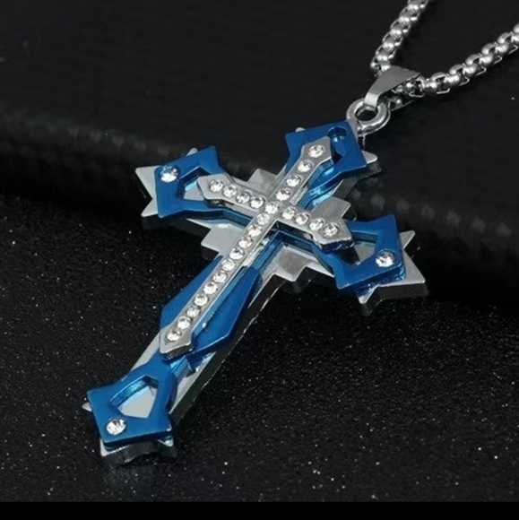 New blue men's cross necklace - Picture 1 of 4
